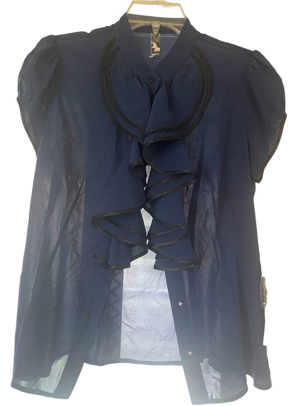 Mia Via Navy Ruffle Front 100% Silk Blouse - Women Tops